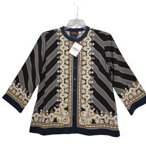 Bob Mackie Bombay Placement Print Long Sleeve Button Front Blouse Multi Size L